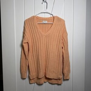 Lucky Brand Womens V Neck Chunky Knit Sweater Size Medium Peach/Orange Cozy